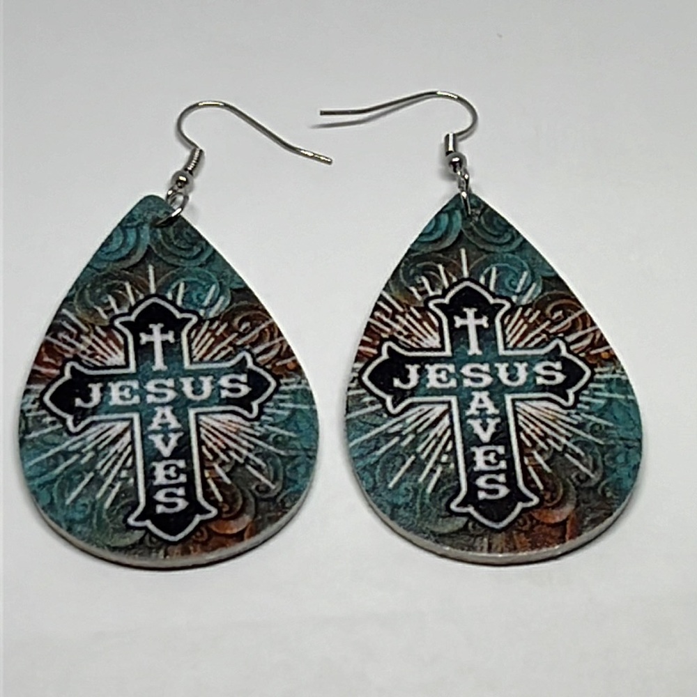 Earrings Jesus Saves Christian Vegan Leather